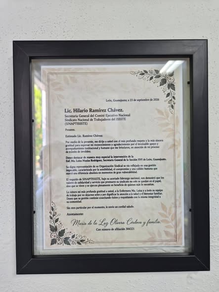 Reconocimiento enmarcado dentro de la oficina sindical de la Sección XVI en León.