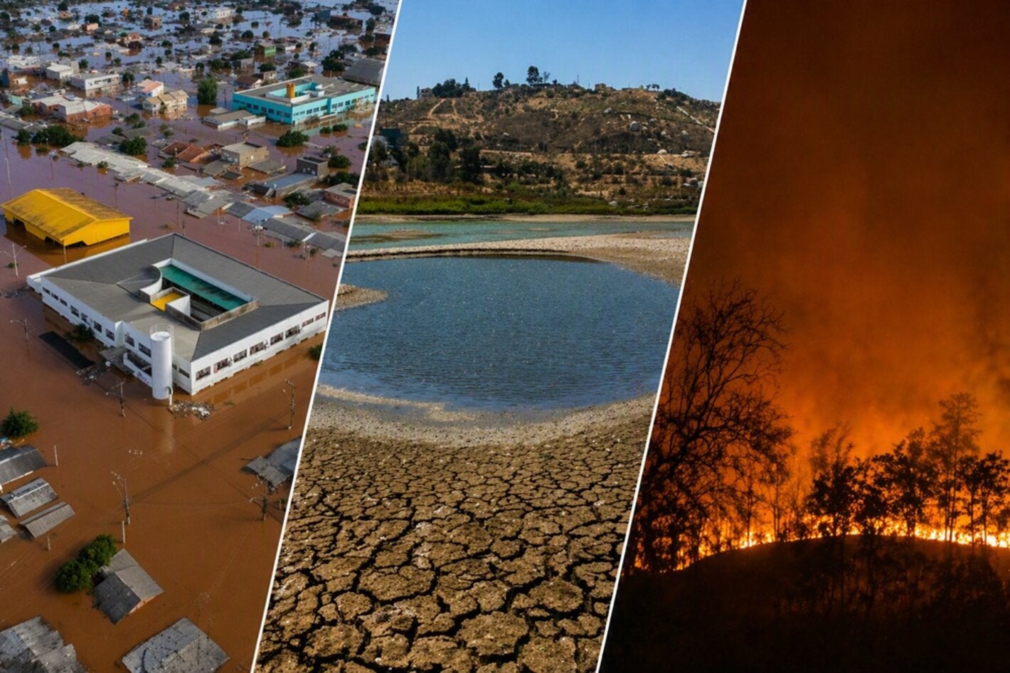 Collage de imágenes de inundación, sequía e incendios utilizado por la OPS en su informe regional sobre El Niño