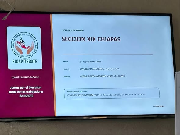 Cartel de SINAPTISSSTE Sección XIX Chiapas; indica una reunión ejecutiva nacional el 17 de septiembre de 2026.