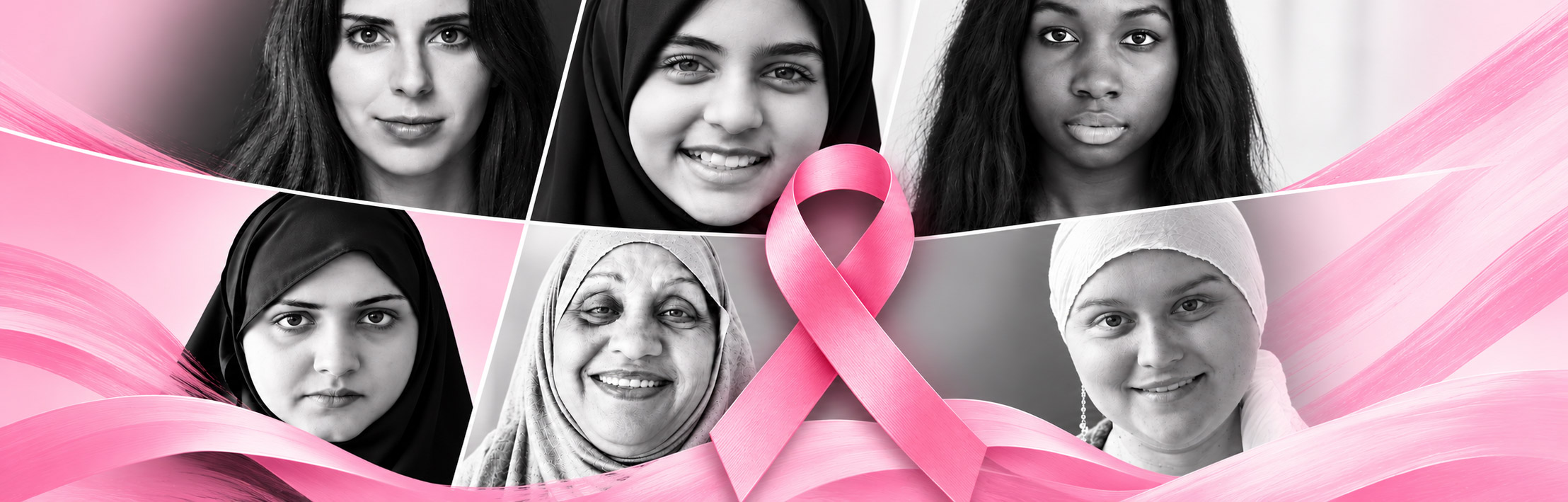 Banner de la OMS para el Mes de Sensibilización del Cáncer de Mama 2026 con mujeres y un lazo rosa